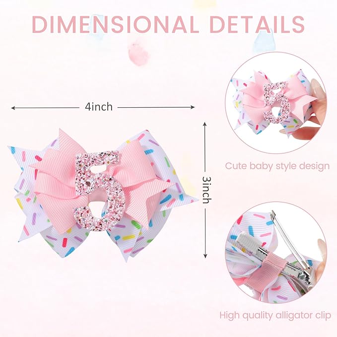 Birthday Hair Bow Hair Clips for Girls 1 2 3 4 5 6 Years, Baby Girl Accessories Bow Birthday Decorations, Pink Baby Girls Ice Cream Hair Bows Clips for 5th