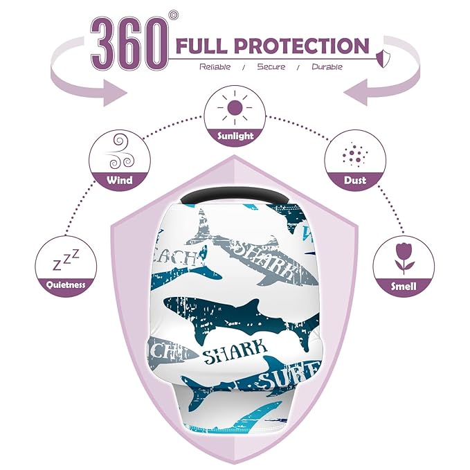 Baby Car Seat Stroller Covers Beach Shark Nursing Cover Breastfeeding Scarf Soft Breathable Stretchy Infant Car Canopy Coverage Carseat Cover for Boys and Girls Multi Use