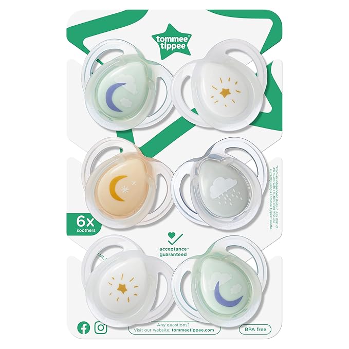 Tommee Tippee Night Time Pacifier, 0-6 Months, Symmetrical Silicone Baglet, BPA-Free Binkies, Glow in The Dark Technology, Blue Pastels, Pack of 6