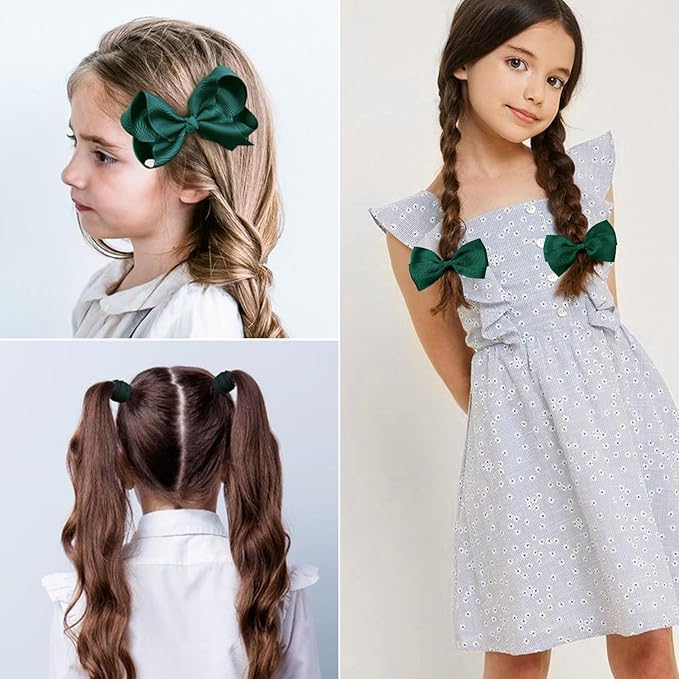 DEEKA Dark Green Uniform 15 Pieces Hair Accessories Set - Hair Bows, Hair Clips, Headband, Hair Ties for Little Toddler School Girls
