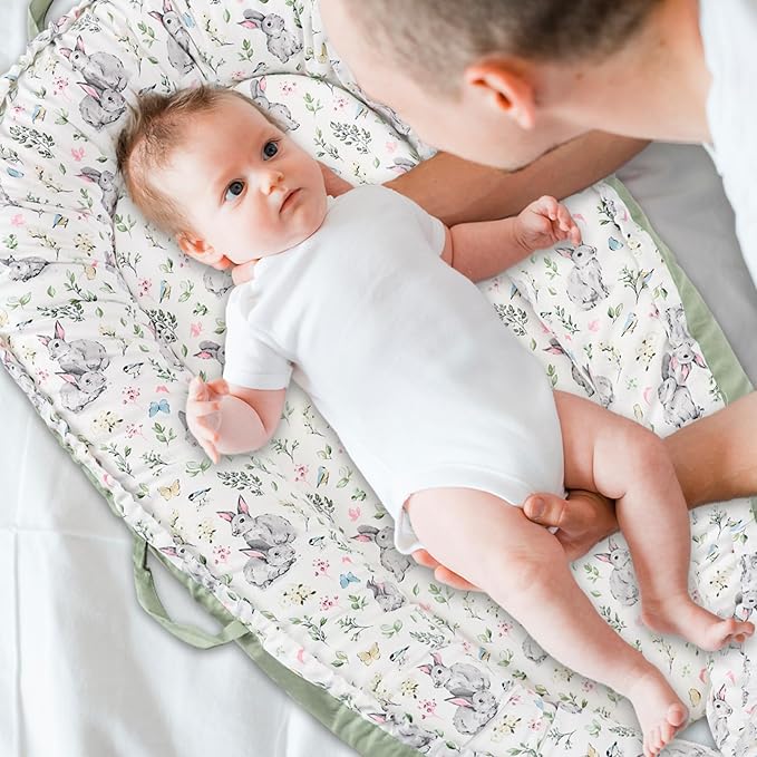 Baby Lounger Cover for Boys Girls, Reversible Baby Nest Cover, Adjustable Baby Lounger Replaceable Cover for Infant Newborn, Portable and Machine Washable, Cotton Green Rabbit Cover