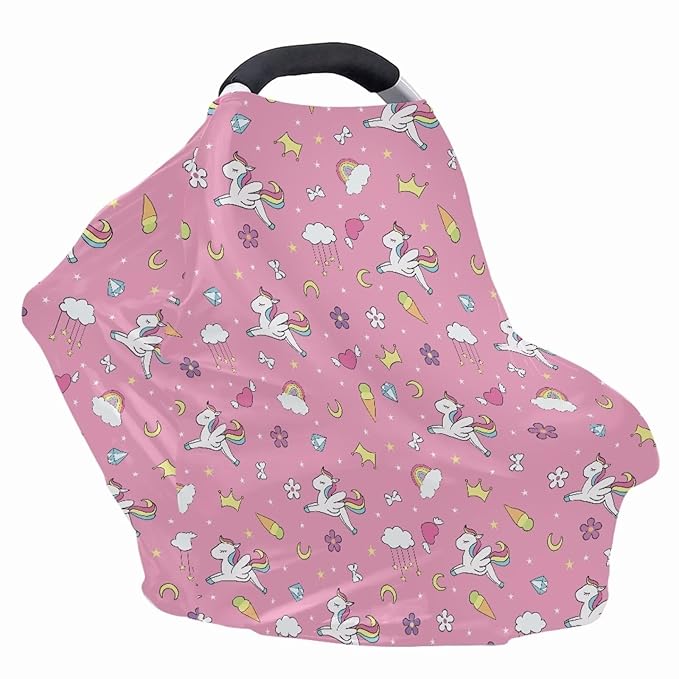 Biyejit Rainbow Horse 5-in-1 Car Seat Cover for Baby Boy Girl Gift, Blue Wild Animal Hunter Reed Privacy Breastfeeding Nursing Cover, Newborn Infant Multi-use Carseat Canopy Carrier