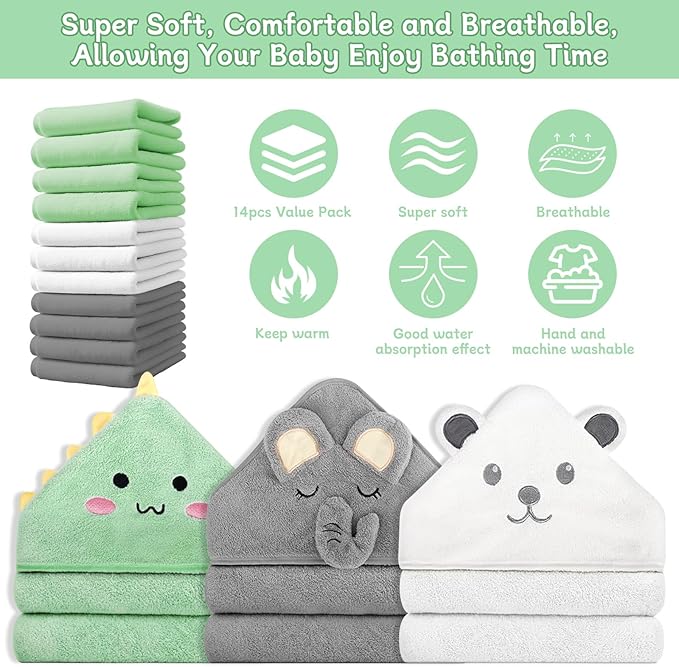 14 PCS Baby Towels, 3 PCS Soft Hooded Baby Towels & 11 PCS Washcloths, Baby Bath Towels for Newborns, Infants & Toddlers, Ultra Absorbent, Cute Baby Towel Gift for Boys & Girls