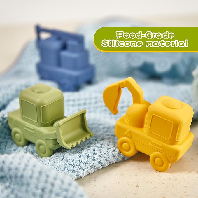 Mold Free Bath Toys 4 Pack Silicone Car Bath Toys - Truck & Construction Toys | Detachable, Squeezable & Floating Toddler Bath Toy | Bathtub Water Pool Toys for Toddler Gifts