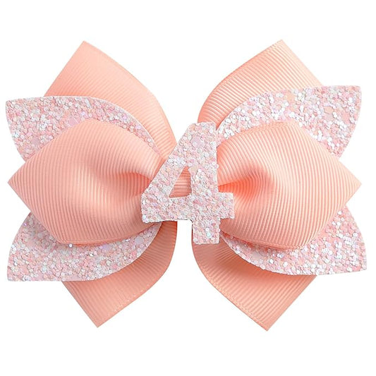 Glitter Birthday Hair Bow for Baby Girls 1 2 3 4 5 6 Years Peach Party Decoration Hair Accessories for Four 4th Birthday