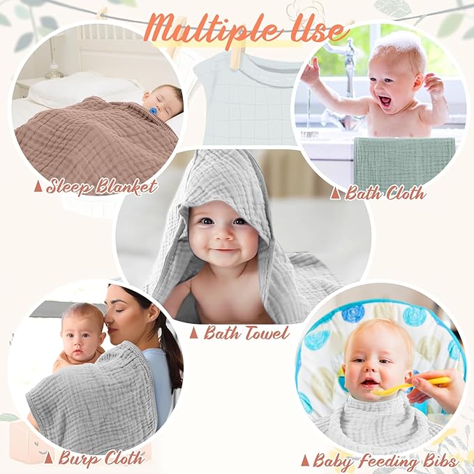 VitalCozy 8 Pcs Baby Muslin Hooded Bath Towels and Washcloths, Muslin Hooded Baby Towels Absorbent Blankets for Gift Newborn Infant Shower (Grey,Blue)