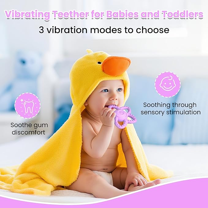 Vibrating Teether for Baby - Dual Use Vibrating Soother for 3-6 Months/6-18 Months & Sensory Toys for Kids with Autisms, Baby Teething Toys with 3 Vibration Modes(Purple)