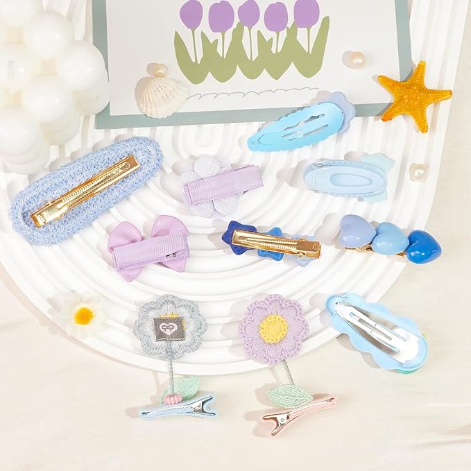 Hair Clips for Girls 19 Pcs Assorted Barrettes for Kids Spring Flower Bows Heart Purple Blue Cute Hair Accessories for Little Girls Teens Toddlers Child Kids