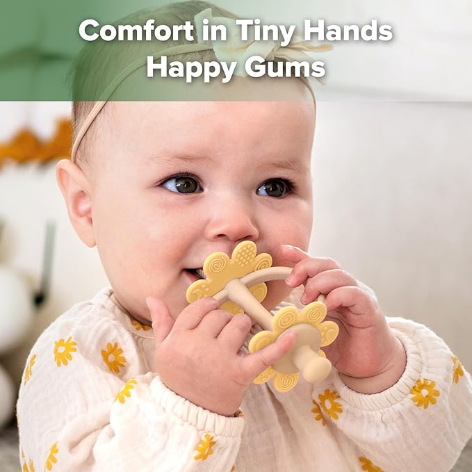 haakaa Silicone Twin Flower Teether,Nipple-Shaped End for Gum Massage,360° Baby Toothbrush Head for Self-Brushing Training,Easy to Grip -Mango