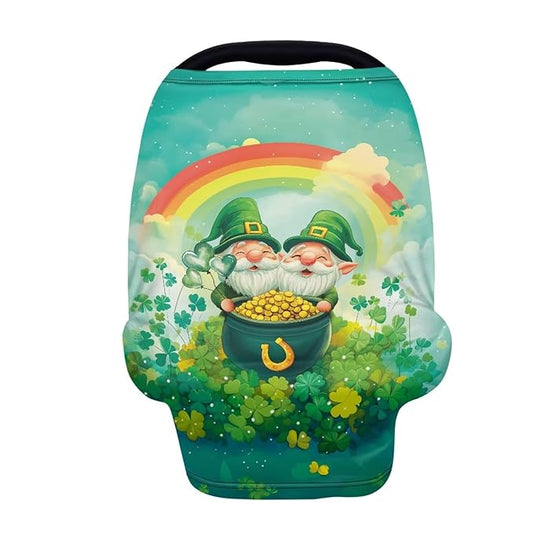 Wanyint Baby Car Seat Cover High Chair Canopy Shopping Cart Cover Soft Breathable Baby Breastfeeding Protector for Breastfeeding Mothers for Saint Patrick's Day Decor, Gnome Clover Gold Coin