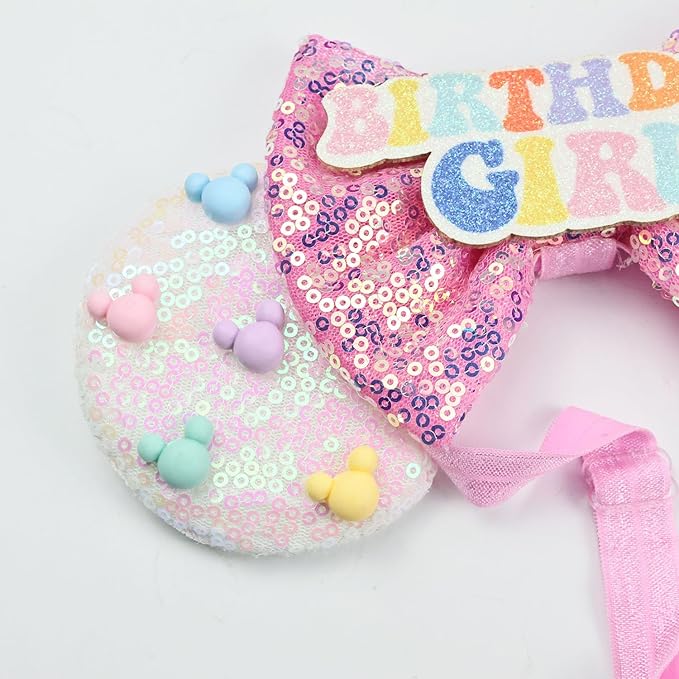 Adjustable Birthday Girl Mouse Ears Headband, Beaded Elastic Hair Bow Hairband for Girls Toddler, Kids Party Festival Supplies