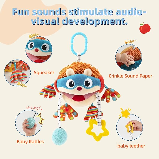 Car Seat Toys Hanging Baby Sensory Ball, Infant Roadtrip Travel Toys 0-6-12 Months with Rattle, Squeaky, Crinkle,Teether, Textures, Soft Montessori Plush Toys Newborn Gift Boys Girls