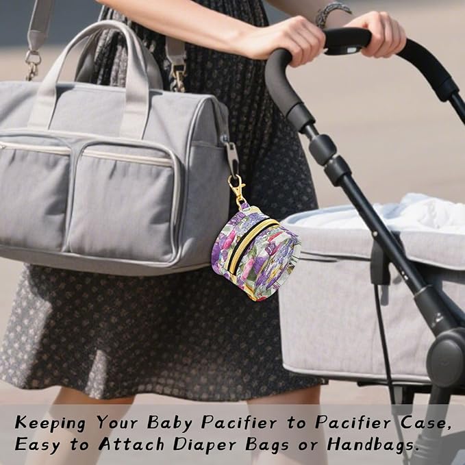 Pacifier Holder with Clip Pacifier Case for Diaper Bag Round Baby Pacifier Pouch Box Bag Portable Tulips Lavenders Purple Butterfly