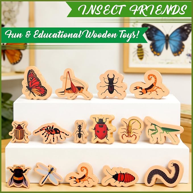20 PCS Wood Bugs and Insect Block Toys for Kids Wooden Minibeast Blocks Natural Classroom Science Learning Toy Boys and Girls Educational Preschool Learning