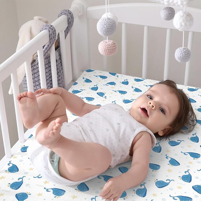 Pack n Play Fitted Sheet. 2 Piece Mini Crib Sheet. Elastic Playard Sheet. Portable Sheet Set. Elastic Convertible Playard Set. Compatible with Graco Pack n Play. (Bubble Whale and Forest)