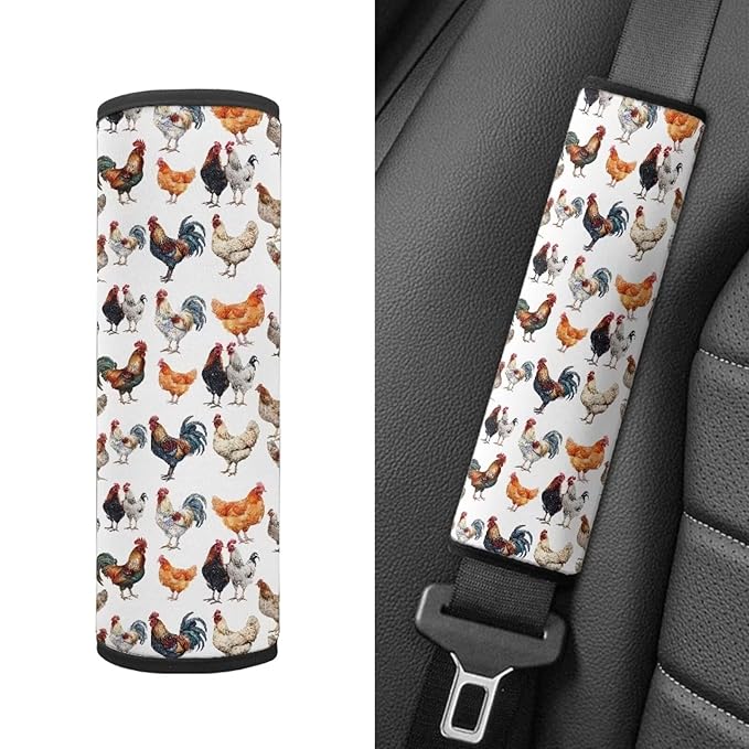 Biyejit Rooster Print Car Seat Belt Pad Cover for Kids, 2-Pack Soft Car Safety Seat Belt Strap Shoulder Pad for Adults Children Shoulder Protector Suitable for Backpack, Shoulder Bag Cover