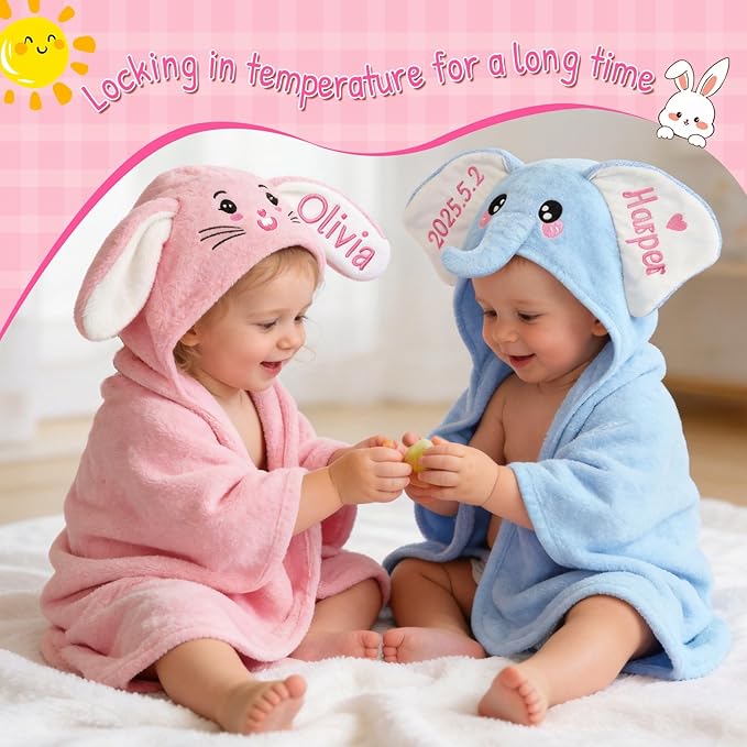 Custom Hooded Bath Towel with Name, Personalized Highly Absorbent Bunny Towels, Baby Bath Towels for Girls Boys, Brithday Easter Gifts for Baby, Toddler, Newborn, Infant (Pink)