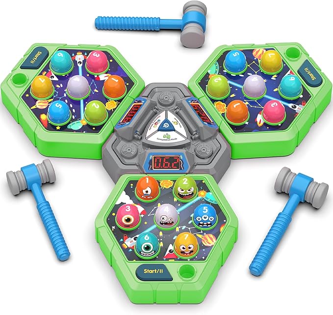 TooLion 3-Player Whack Game Mole for Kids 3-12 Boys Girls - 3 Independent Game Boards,3 Modes with Sound & Light,Safe Educational Pounding Toy,Christmas Birthday Gift for Multi-Kid Families,Green