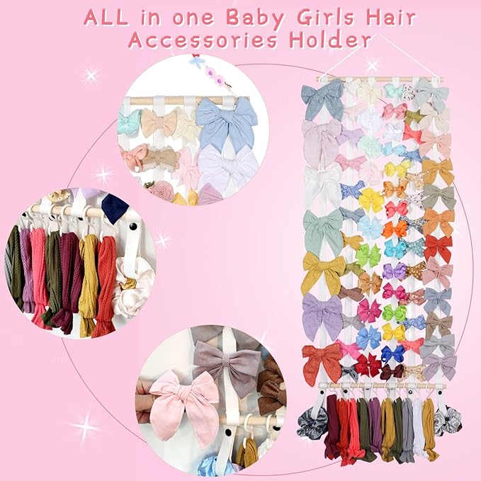 OAOLEER Hair Bow Holder Organizer for Girls Hair Bows,Hair Accessories Headband Organizer Bow Storage Hanger with hook for Baby Girls Wall Hanging Decor for Toddler Girls (White A)