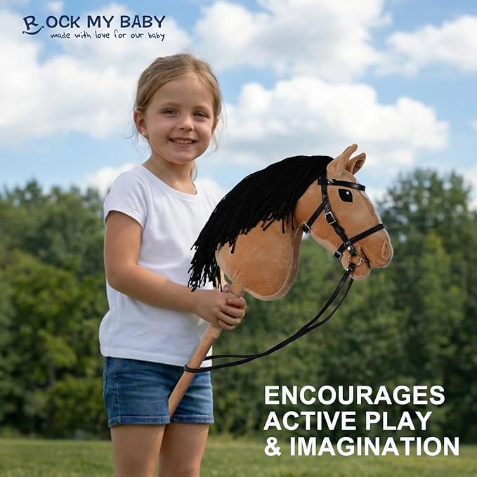 ROCK MY BABY Hobby Horse with a Detachable Bridle Plush Stuffed Stick Horse with Award Ribbon for Kids 3+ Years Old (Light Brown)