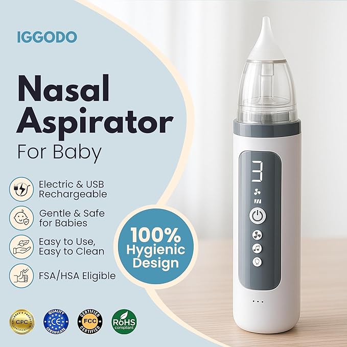 Electric Nasal Aspirator for Babies - HSA Baby Eligible Products - FSA Baby Eligible Items Only Gentle Electric Nose Suction for Baby - Adjustable Suction - Soft Silicone Tips - USB Rechargeable
