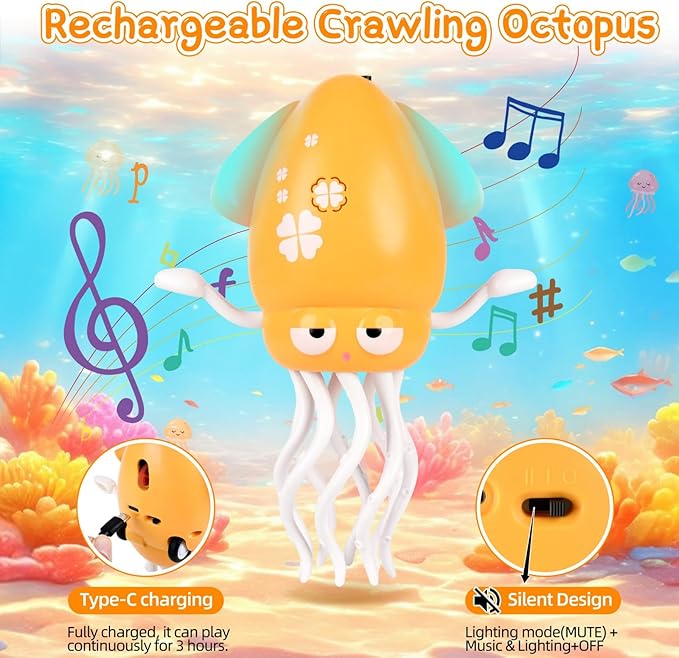 Baby Dancing Octopus Toy for 1 2 3 Year Old Boy Girl, Magical Musical Squid & Infant Tummy Time Toy, USB Rechargeable Crawling Baby Squid Toys for Walking Toddlers Interactive Gift