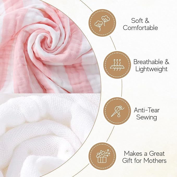 Muslin Baby Towel 5 Pieces Set, 100% Organic Cotton, Soft & Absorbent for Newborns to Toddlers, Baby Registry or Shower Gift (Pink Striped)