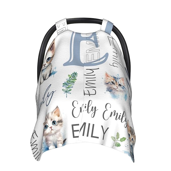 Personalized Baby Car Seat Canopy with Name Custom Minky Cat Car Seat Covers Nursing Cover for Breastfeeding Multi-Use Cover Infant Carrier Carseat Winter Cover for Newborn Girls Boys