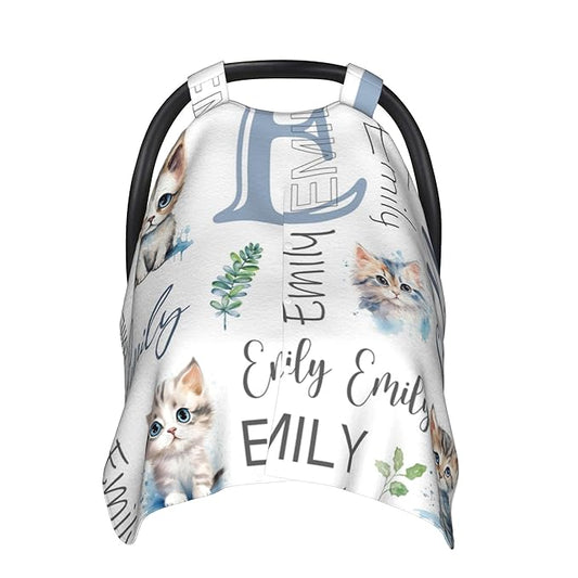 Personalized Baby Car Seat Canopy with Name Custom Minky Cat Car Seat Covers Nursing Cover for Breastfeeding Multi-Use Cover Infant Carrier Carseat Winter Cover for Newborn Girls Boys