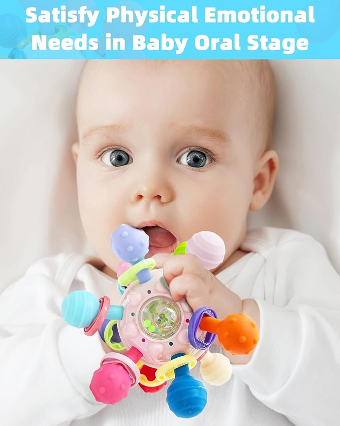 Baby Montessori Teething Toys 0-6 6-12 Month, Food Grade Baby Rattle Chew Sensory Teething Toys, Newborn Infant Learning Developmental Birthday Gifts for Boys Girls - Pink