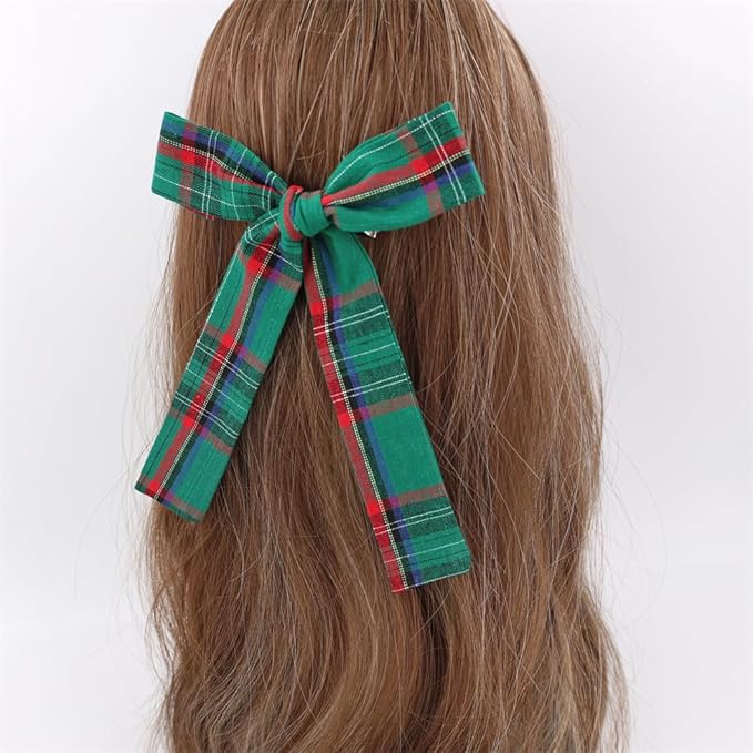 Set of 4 Tartan Green Bow Hair Clips for Little Girls Toddler Baby Mom Women Hair Barrettes Accessories 3 Styles School Uniform Plaid Bows