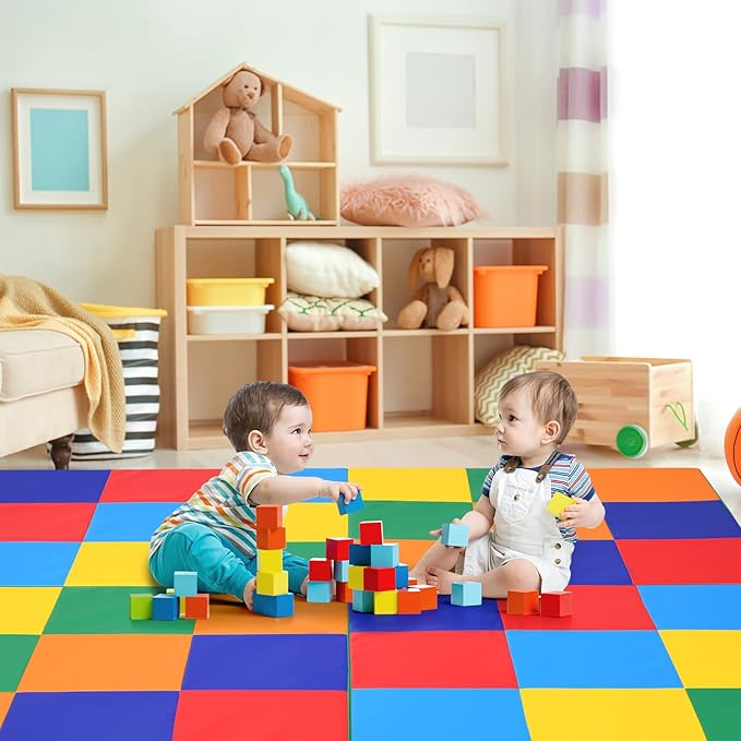 OLAKIDS Baby Foam Play Mat, Foldable 58'' x 58'' Toddler Collapsible Crawl Floor Mat, Waterproof Soft Thick Patchwork Play Mat for Kids Gym Nursery Playroom (Blue)