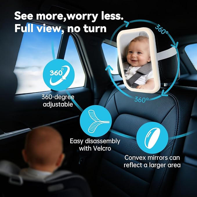 Baby Car Mirror with Remote Control Light, Shatterproof, 360° Adjustable Wide View with Night Vision, Easy Install for Rear Facing Infant Backseat (Voice gradient white)