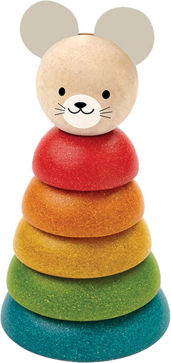 PlanToys® Mouse Stacking Ring Wooden Montessori Size and Colour Sorting Toy | Fine Motor, Coordination and Early Math Learning Activity | Eco Friendly Educational Stacking Toy