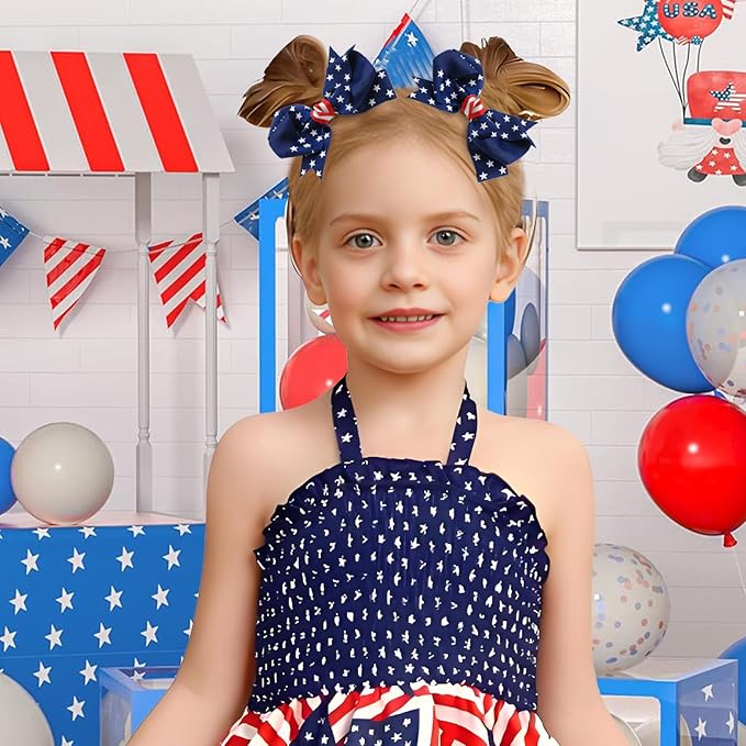 YanJie 2pcs 4th of July Hair Clips 4'' Navy Blue Bow White Stars Baby Girls Clip American Flag Hair Bow Patriotic Accessories Independence Day