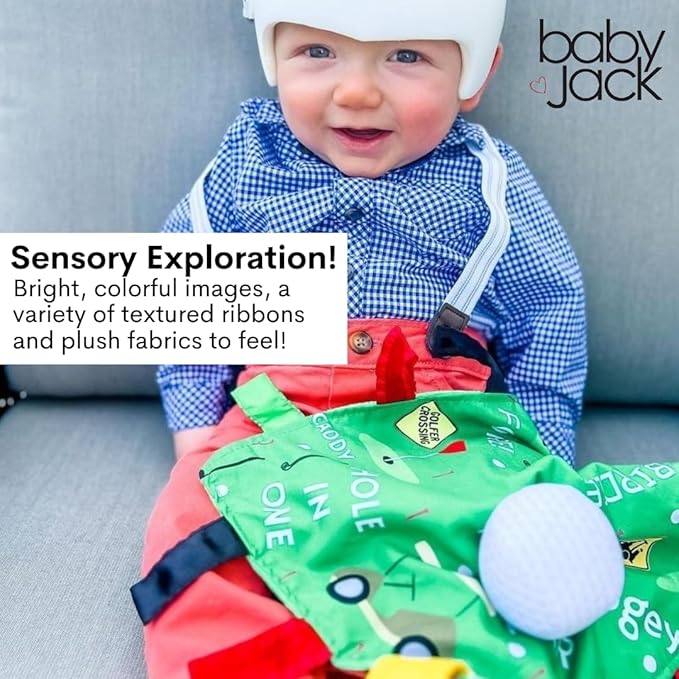 Baby Jack & Co 10x10” Golf Ball Sports Lovey Sensory Plush Blanket - Tag Toys for Sensory Play - Travel Stroller Toy - Learn Shapes, Letters & Colors - Sports Gift Educational and Soother