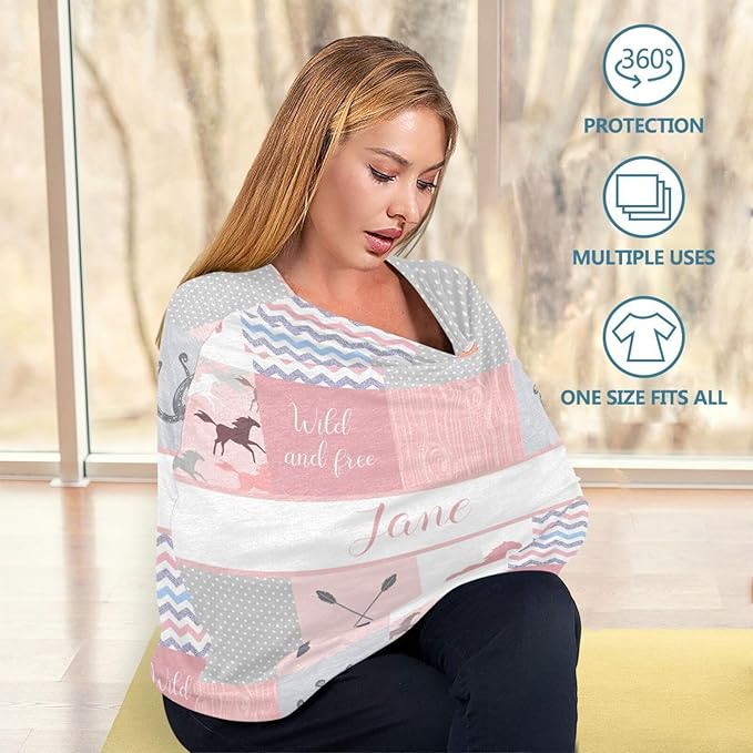 Personalized Baby Car Seat Cover for Baby Girls, Custom Nursing Covers for Breastfeeding with Name, Horse Pink Infant Stroller Cover, Baby Carseat Canopy for Newborn, Multiuse Car Seat Canopies