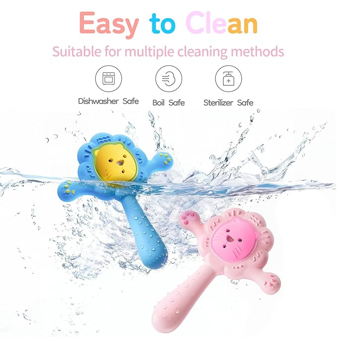 Lion Baby Teething Toy with Rattle, Food-Grade Silicone Montessori Sensory Toy for Babies 0-6 6-12 18 Months, BPA-Free Infant Sore Gum Relief & Motor Skills Development - Pink