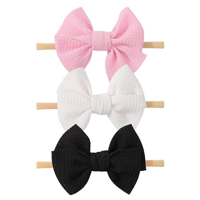 yoyokid 3PCS 4" Baby Girls Bow Headband, Elastic Nylon Hairbands Soft Baby Hairbands with Bows Hair Accessories for Newborn Infant Toddler, Black Pink White