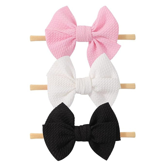 yoyokid 3PCS 4" Baby Girls Bow Headband, Elastic Nylon Hairbands Soft Baby Hairbands with Bows Hair Accessories for Newborn Infant Toddler, Black Pink White