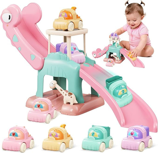 Toddler Toys for 1 2 Year Old Boys Educational Dinosaur Slide Toys with 4 Push Car Toys for Baby 12-18 Months,First Birthday Easter Gifts for Kids,Montessori Learning Race Car Track Ages 1-2 (Pink)