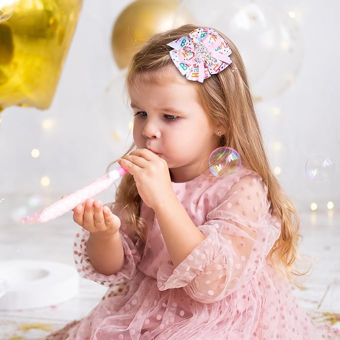 3.5in Glitter Happy Birthday Gift Hair Bows Alligator Clips for Girls 1-6 Years Pink Sprinkle Confetti Ice Cream Party Dress Pigtail Decoration Accessories for Kids 4th Birthday