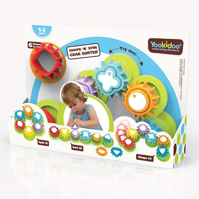 Yookidoo Shape ‘N’ Spin Gear Sorter. A Developmental Activity Toy for Kids Ages 1-3. Toddlers Sortering Game with Multiple Colors and Shapes, That Also Spins.(Gift Box)