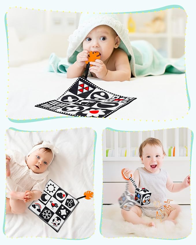 Melican 3 PCS Black and White High Contrast Baby Toys 0-3 Months for Newborn, Montessori Toys for Babies Sensory Soft Book for Early Education, Infant Tummy Time Toys 0 6 9 12 Months Baby Gifts