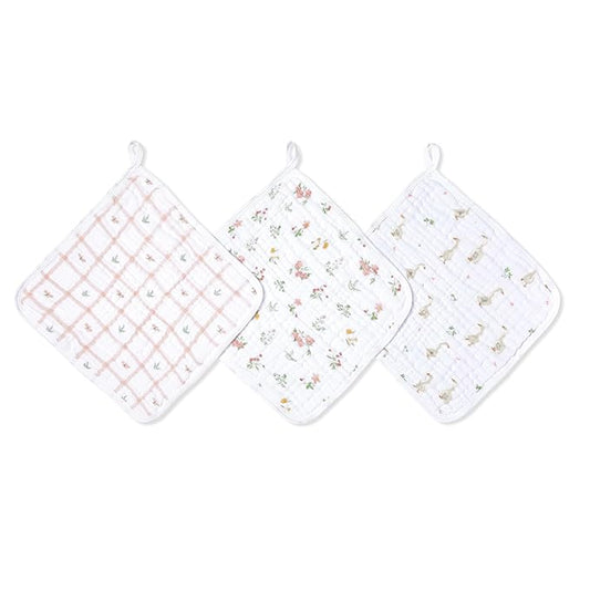 aden + anais Essentials Washcloth 3-Pack, Super Soft 100% Cotton Muslin, Gentle on Skin, 3 Absorbent 11x11 Layers, Softer with Every Use, Perfect for Babies, Infants, Toddlers, Country Floral
