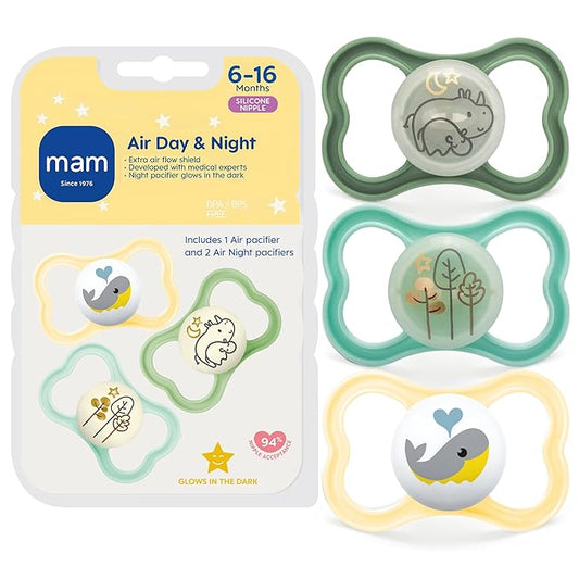 MAM Air Pacifier for Babies 6-16 Months, Extra Air Flow for Sensitive Skin, Glows in The Dark, Developed with Medical Experts, BPA-Free Skin Soft Silicone, 3 Count, Made in Europe