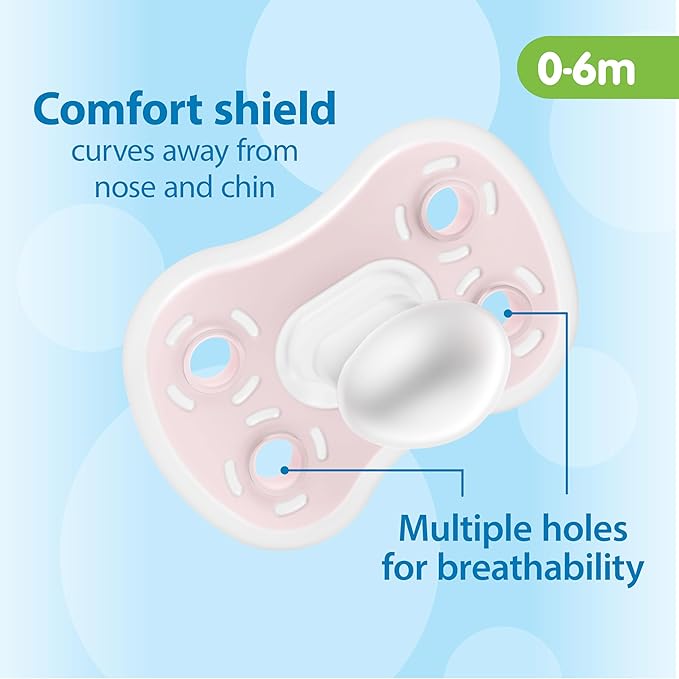 Dr. Brown's Advantage One-Piece Silicone Baby Pacifier, Fully Symmetrical Soother, Ecru/Light Pink/Pink, 0-6m, BPA-Free, 3-Pack