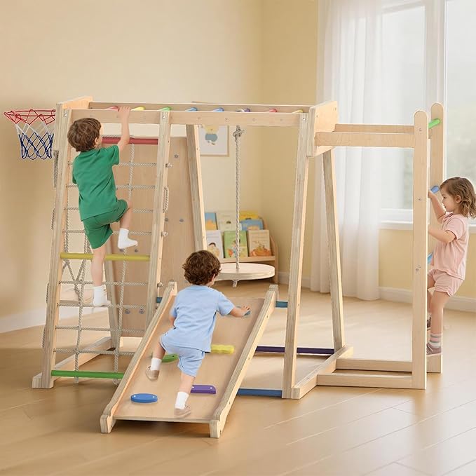 OLAKIDS Indoor Jungle Gym, 9 in 1 Wooden Montessori Baby Climbing Toys with Adjustable 2 Swings Ramp, Monkey Bar Basketball Hoop Ladder Climb Net (Colorful)