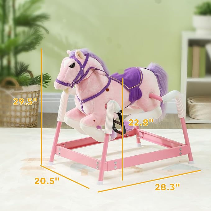 Qaba Spring Rocking Horse, Kids Ride on Horse, Plush Horse Ride-on with Sounds & Foot Stirrups, Saddle for Kids 3-8 Years, Pink