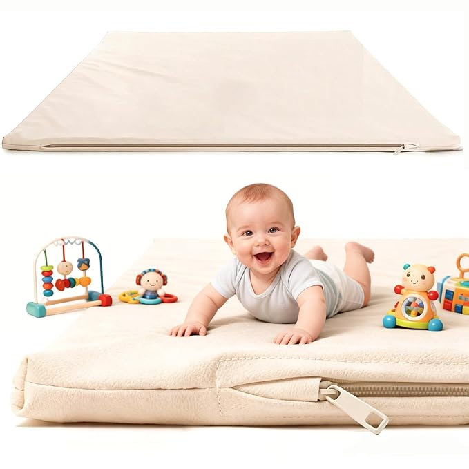 FONESO 50“x50” Waterproof Baby Play Mat, 1.2" Thick Memory Foam Vegan Leather Playpen Mat, Soft Cushioned Wipe-Clean Crawling Mat for Infants Toddlers Tummy Time (Beige)